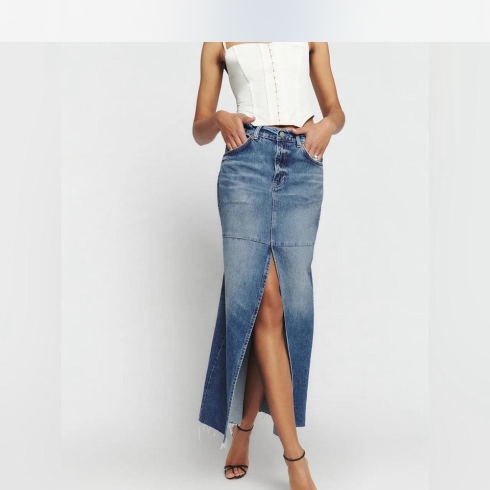 Reformation Blue Denim Long Skirt with Front Slit